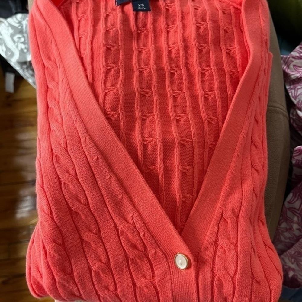 Land’s End XS Cable Knit Sweater V-Neck Coral Orange Orange Melon Like New - Picture 10 of 14